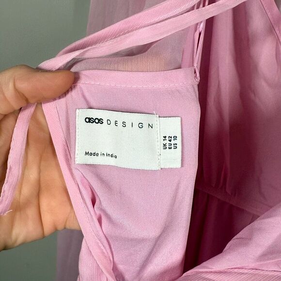 ASOS DESIGN tie back pleated sleeve midi dress in pink with red embroidery - Picture 14 of 15